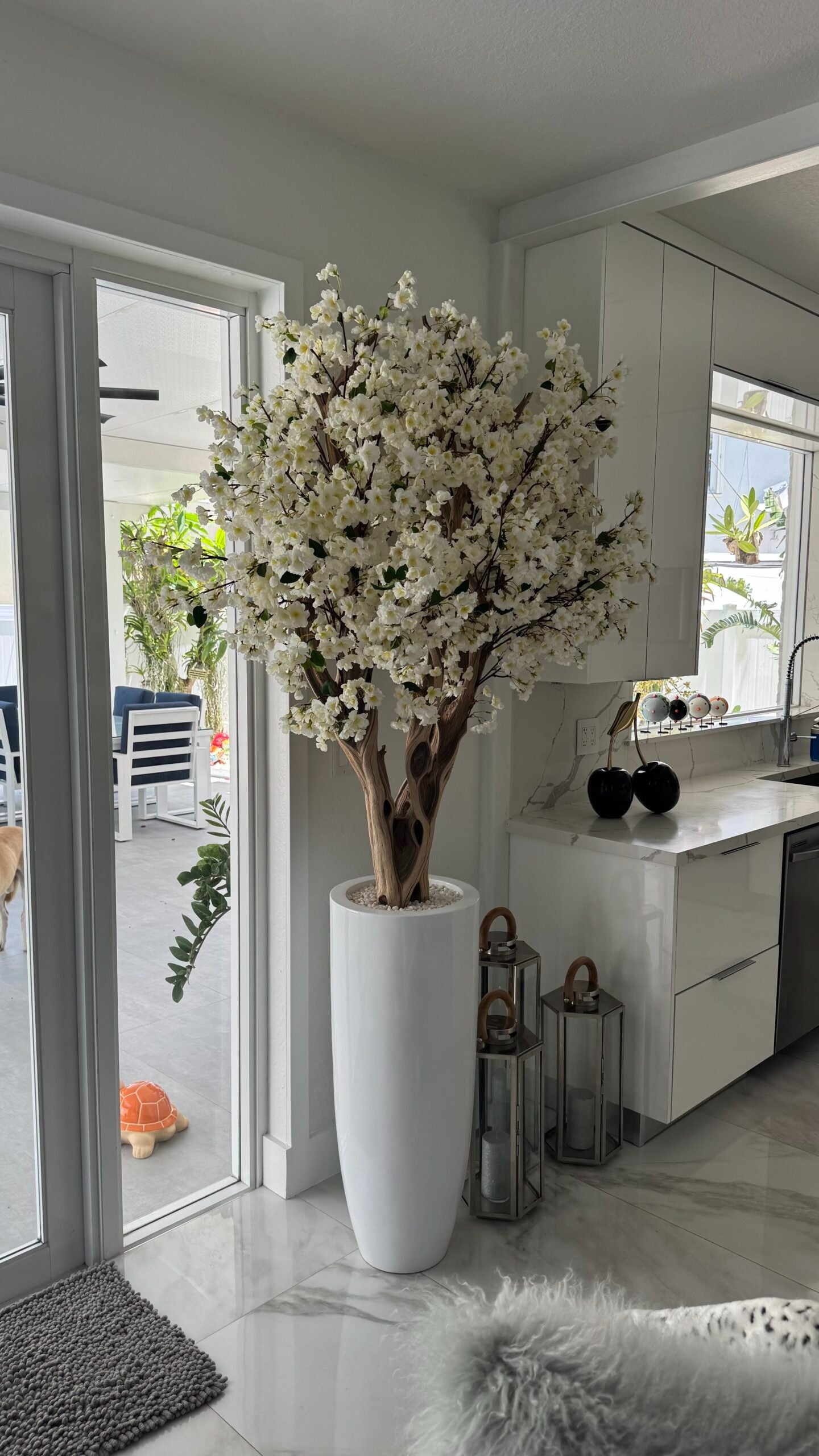 Weiße Kirschblüte in einer hohen weißen Vase