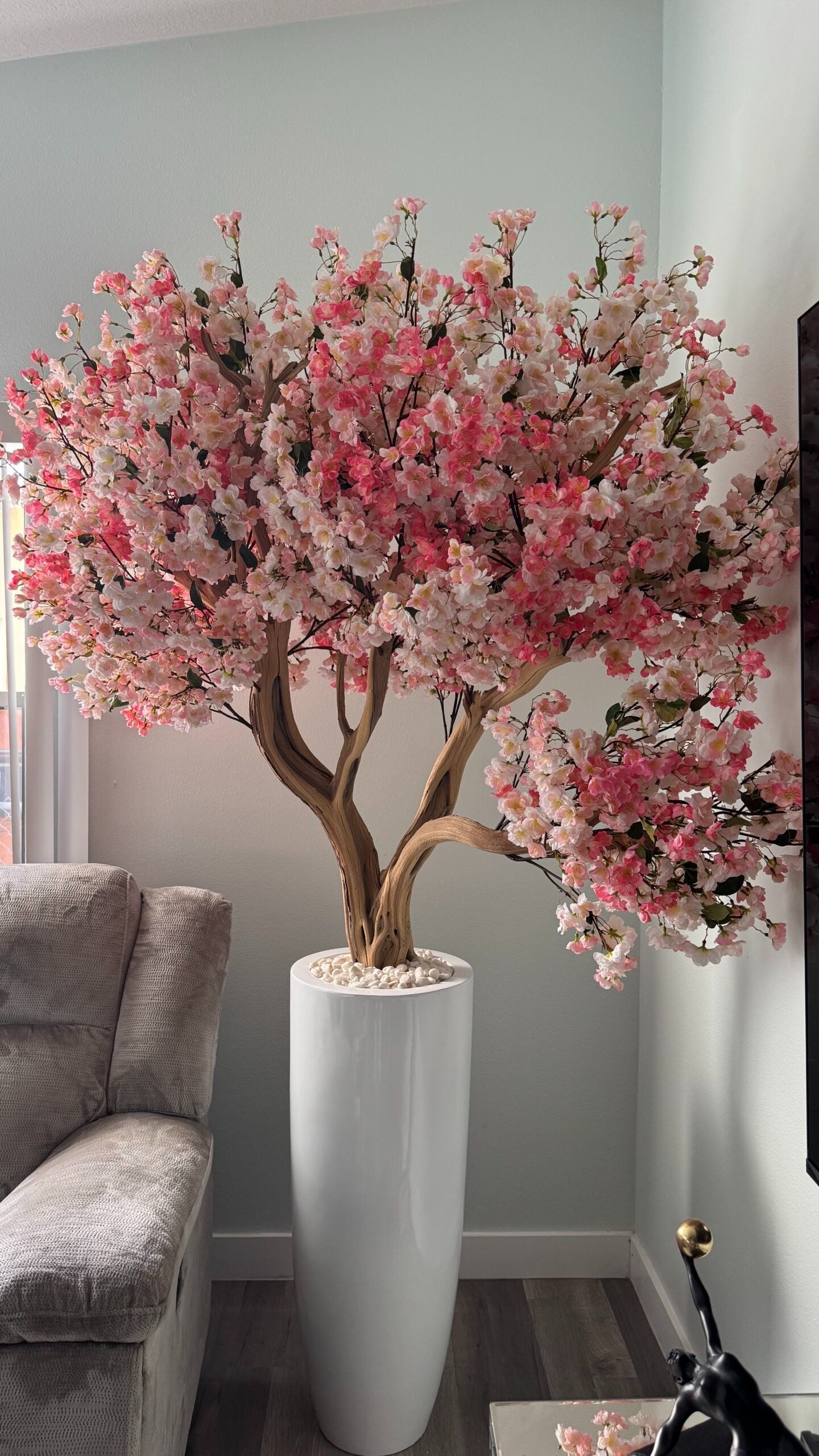 Rosa Kirschblüte in einer hohen weißen Vase