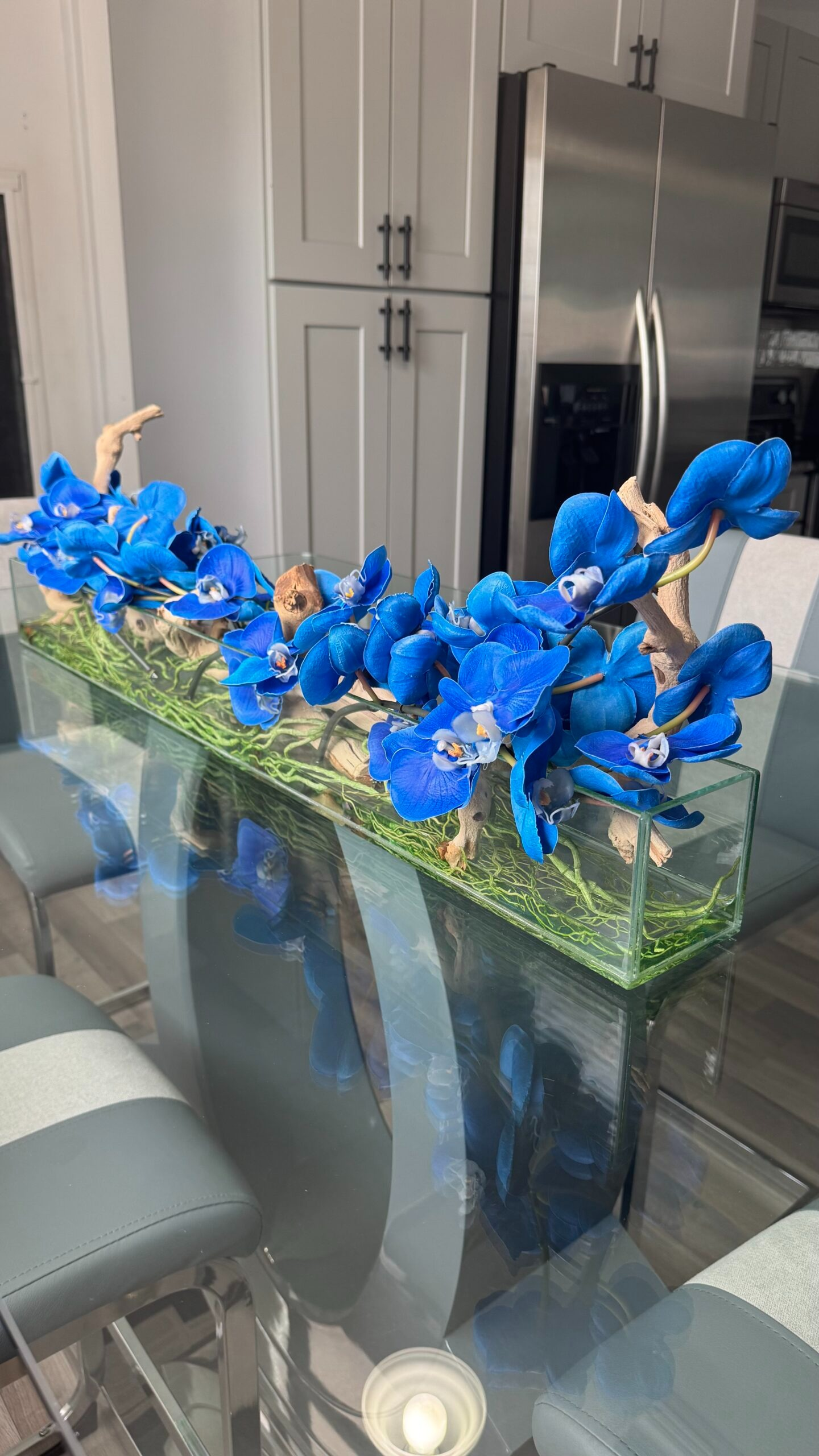 Blaues Orchideen-Aquarium mit Naturholz im Glassockel – 91 cm